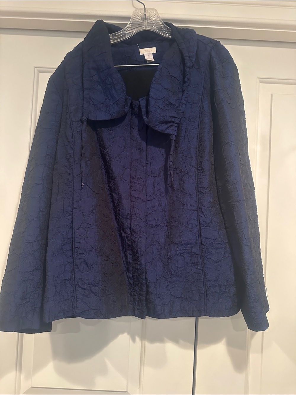 Chico's Navy Textured Floral-Pattern Pea Coat
